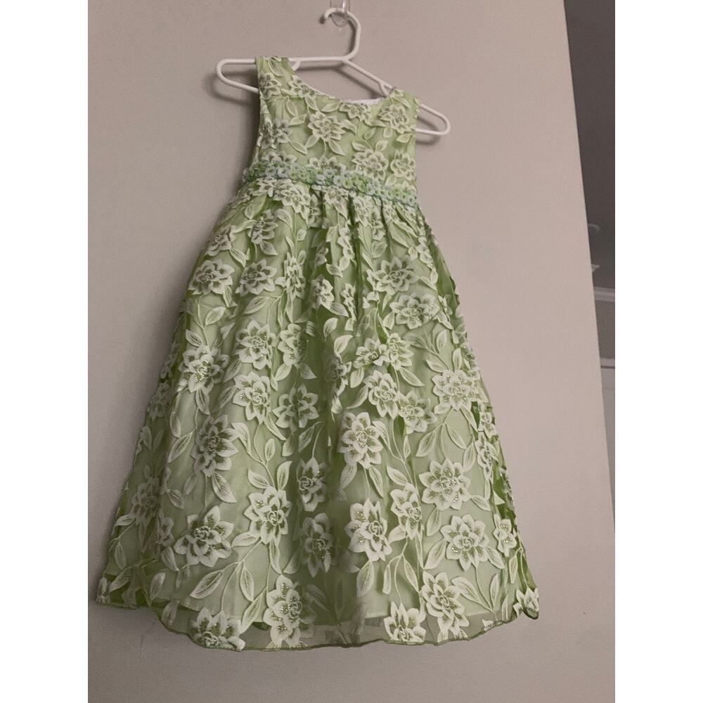 🌿 Vintage Green Floral Dress Toddler Size 3T Easter Church Photo